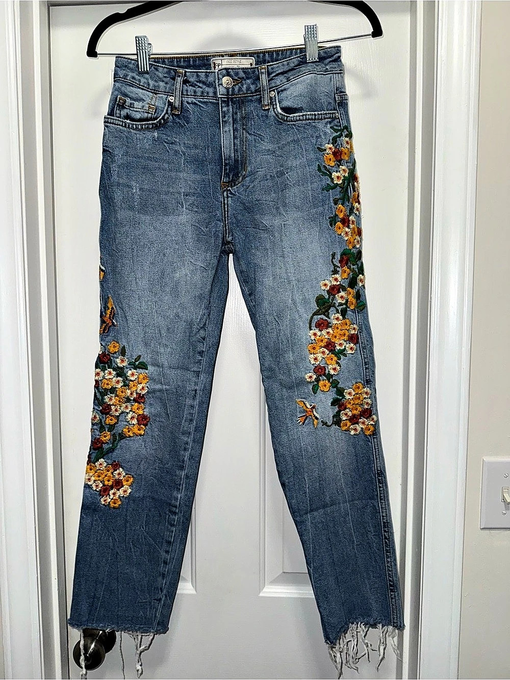 Free People Embroidered Girlfriend Jeans Floral Jeans Blue